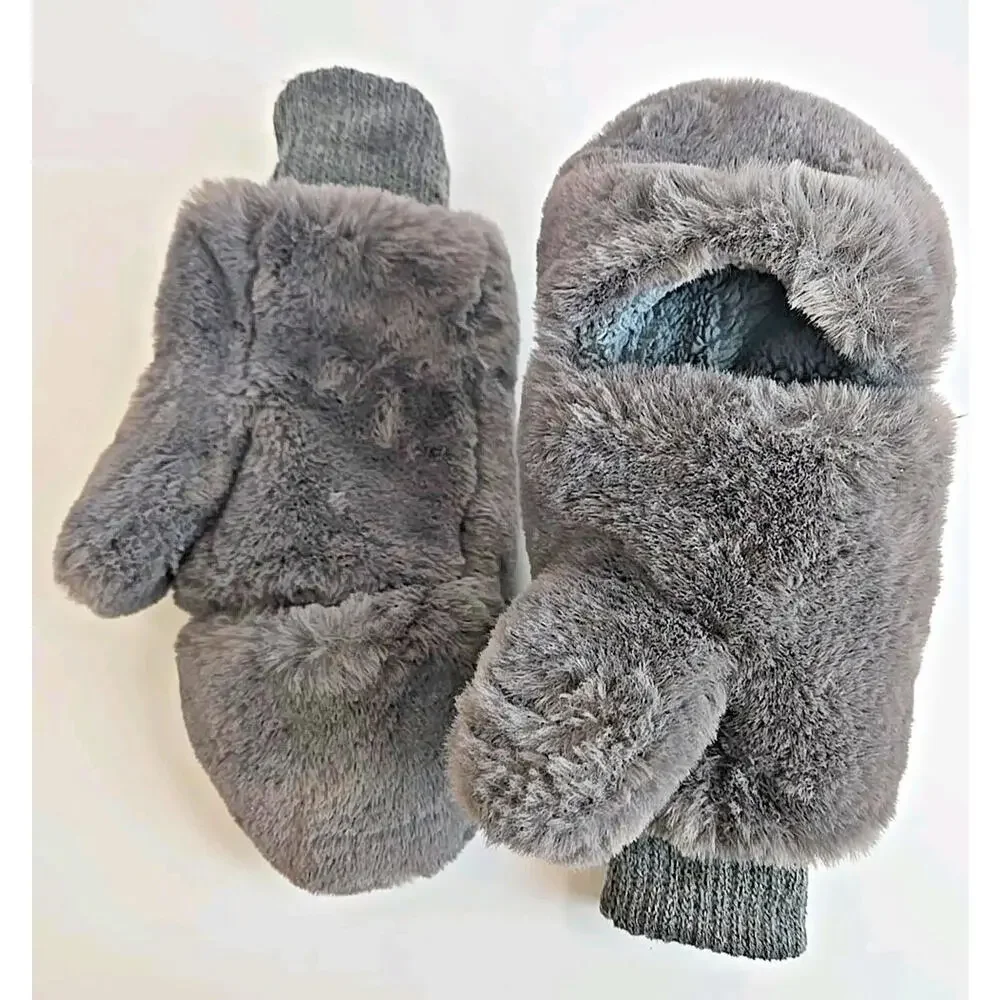 C.C Faux Fur Sherpa Lined Convertible Fingerless Mittens Gloves Gray OS Cozy